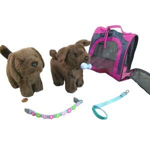 American Girl Lot (2) CHOCOLATE LAB DOG & PUPPY Pet Carrier Bone Leash & Collar